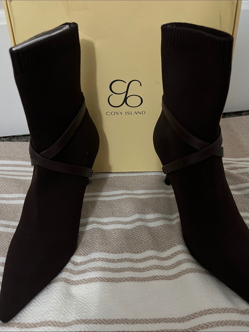 Cosy Island Brown Sock Booties with Cross Strap NEW IN BOX